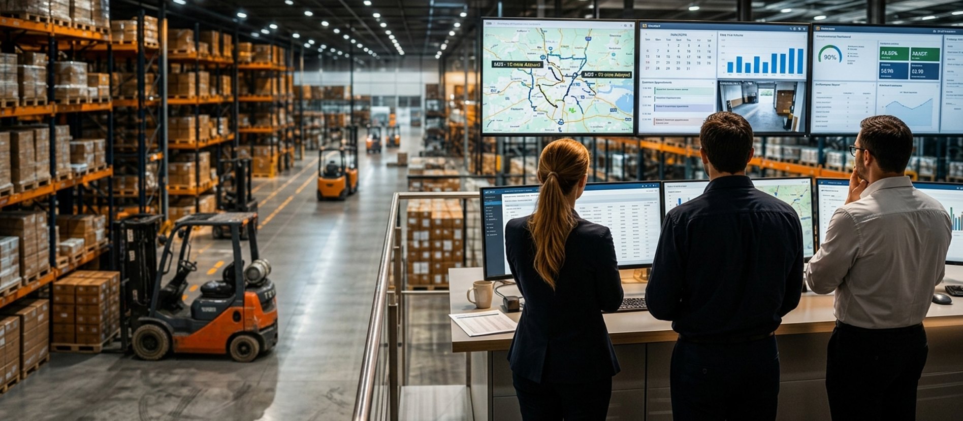 Equipe acompanhando indicadores de supply chain em centro logístico